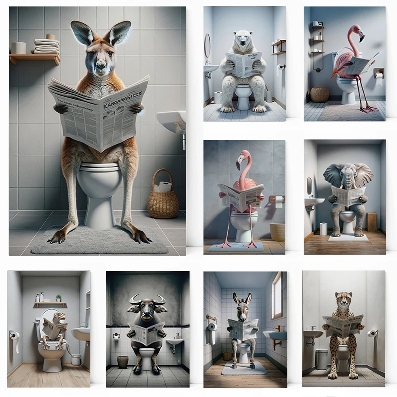 Home Bathroom Toilet - Pelican Flamingo Kangaroo Reading Newspapers on